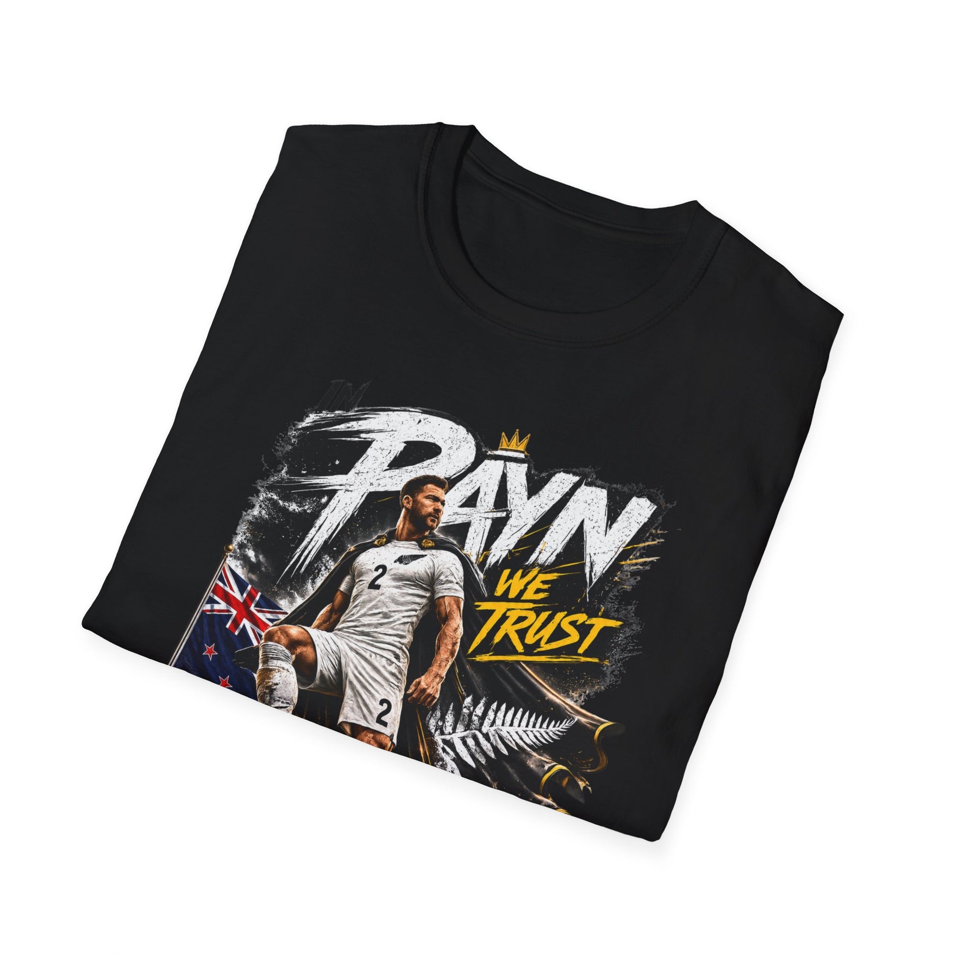 Folded black Tim Payne World Cup 2026 supporter tee with exclusive New Zealand football fan design