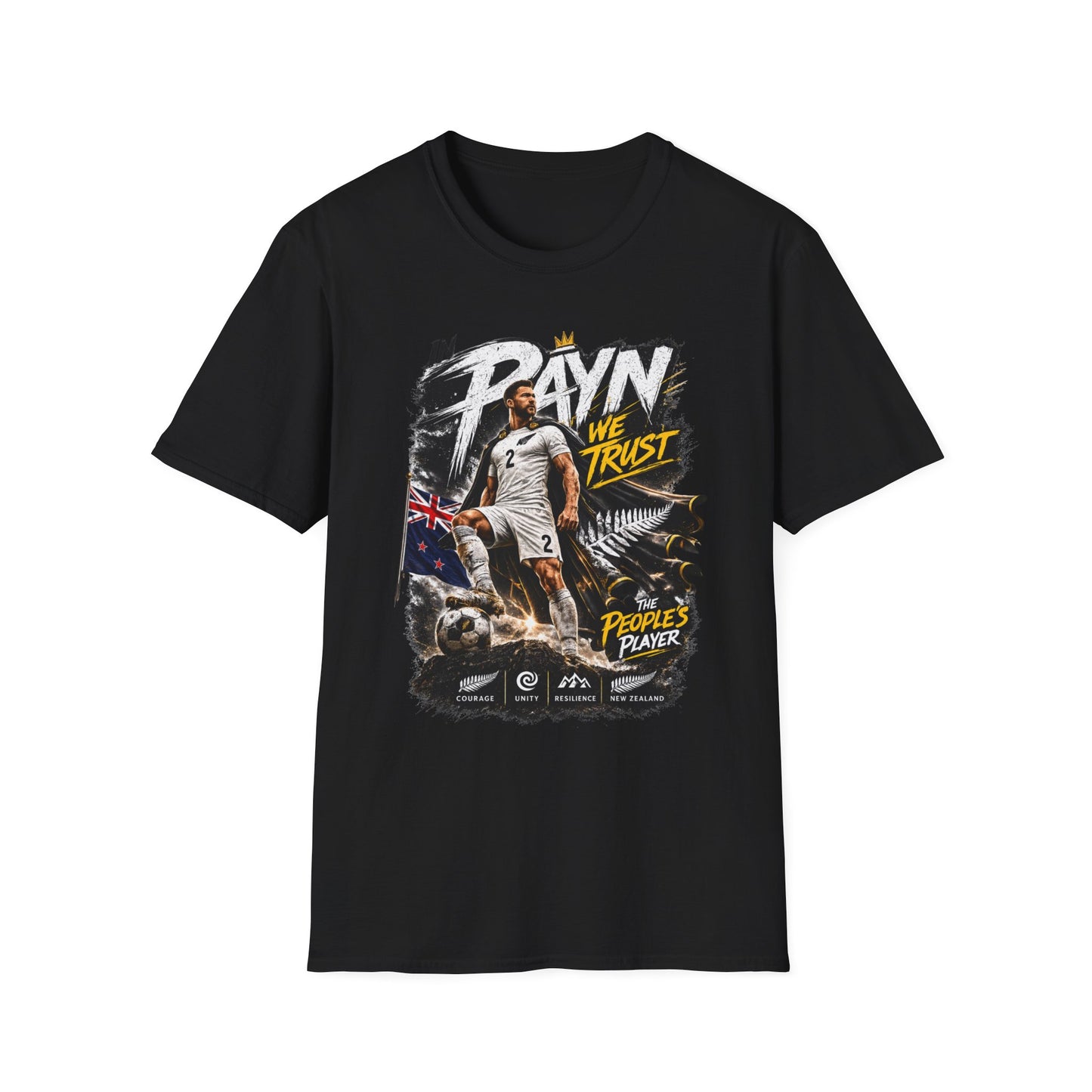 black Tim Payne World Cup 2026 supporter tee front view featuring exclusive New Zealand football fan artwork