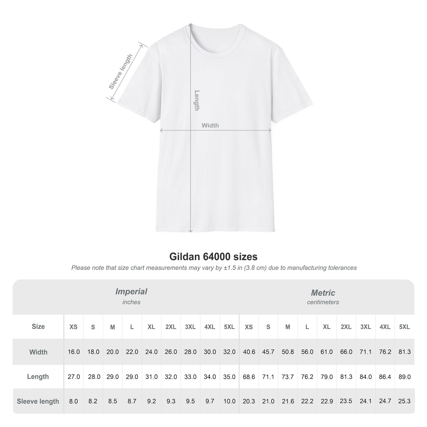 Gildan 64000 Softstyle unisex T-shirt size chart for Tim Payne World Cup 2026 supporter tee