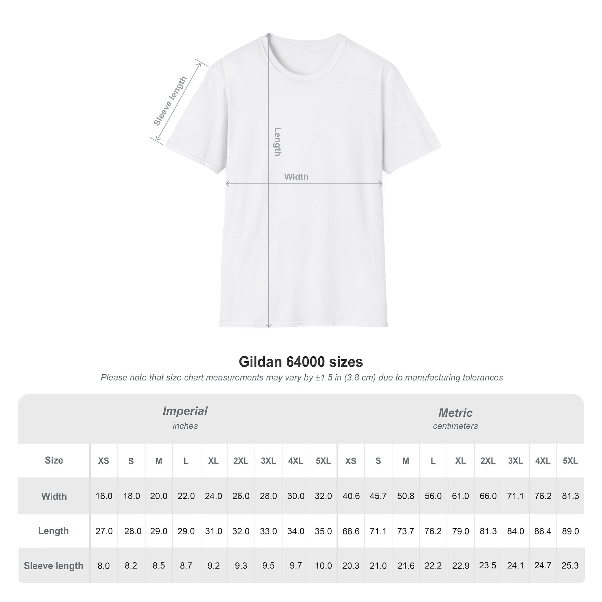 Gildan 64000 Softstyle unisex T-shirt size chart for Tim Payne World Cup 2026 supporter tee