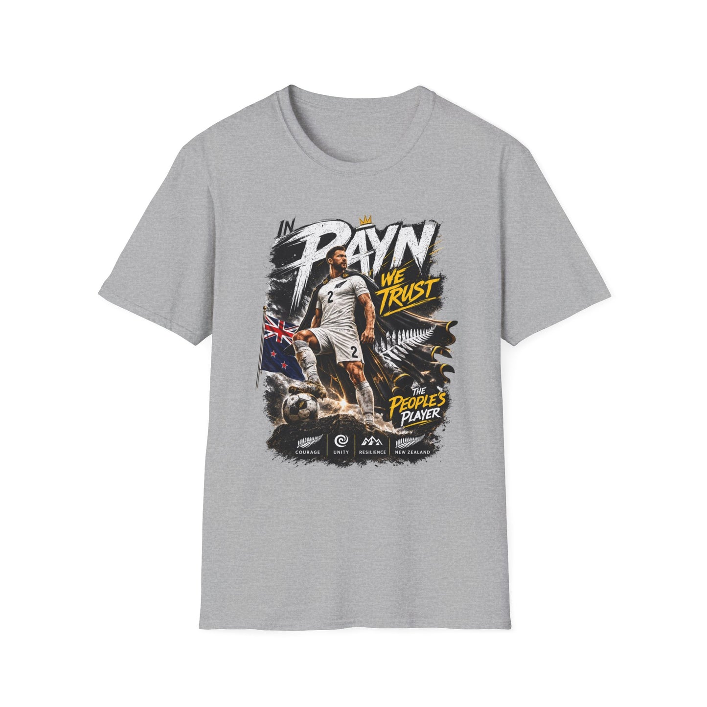 grey Tim Payne World Cup 2026 supporter tee front view featuring exclusive New Zealand football fan artwork
