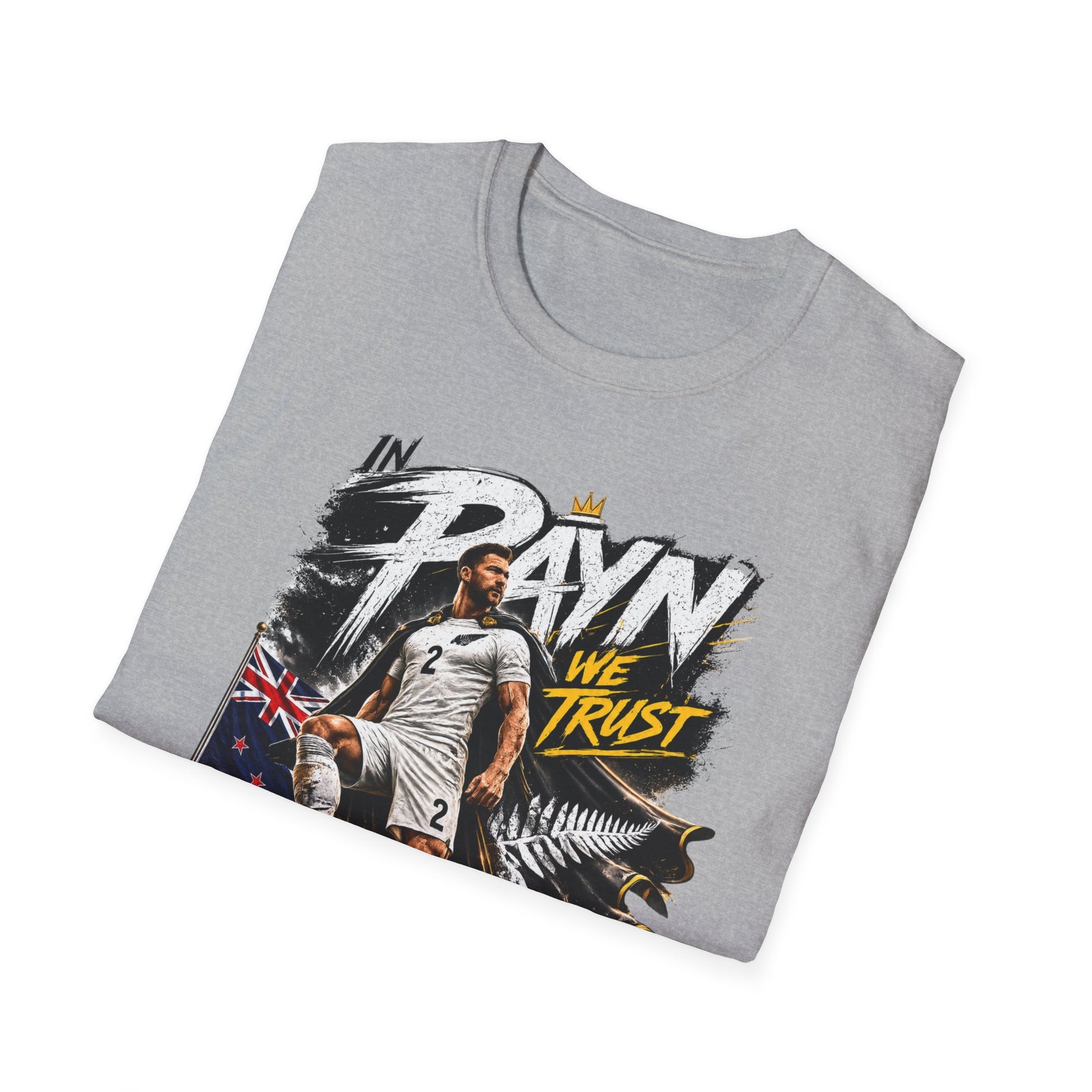 Folded grey Tim Payne World Cup 2026 supporter tee with exclusive New Zealand football fan design