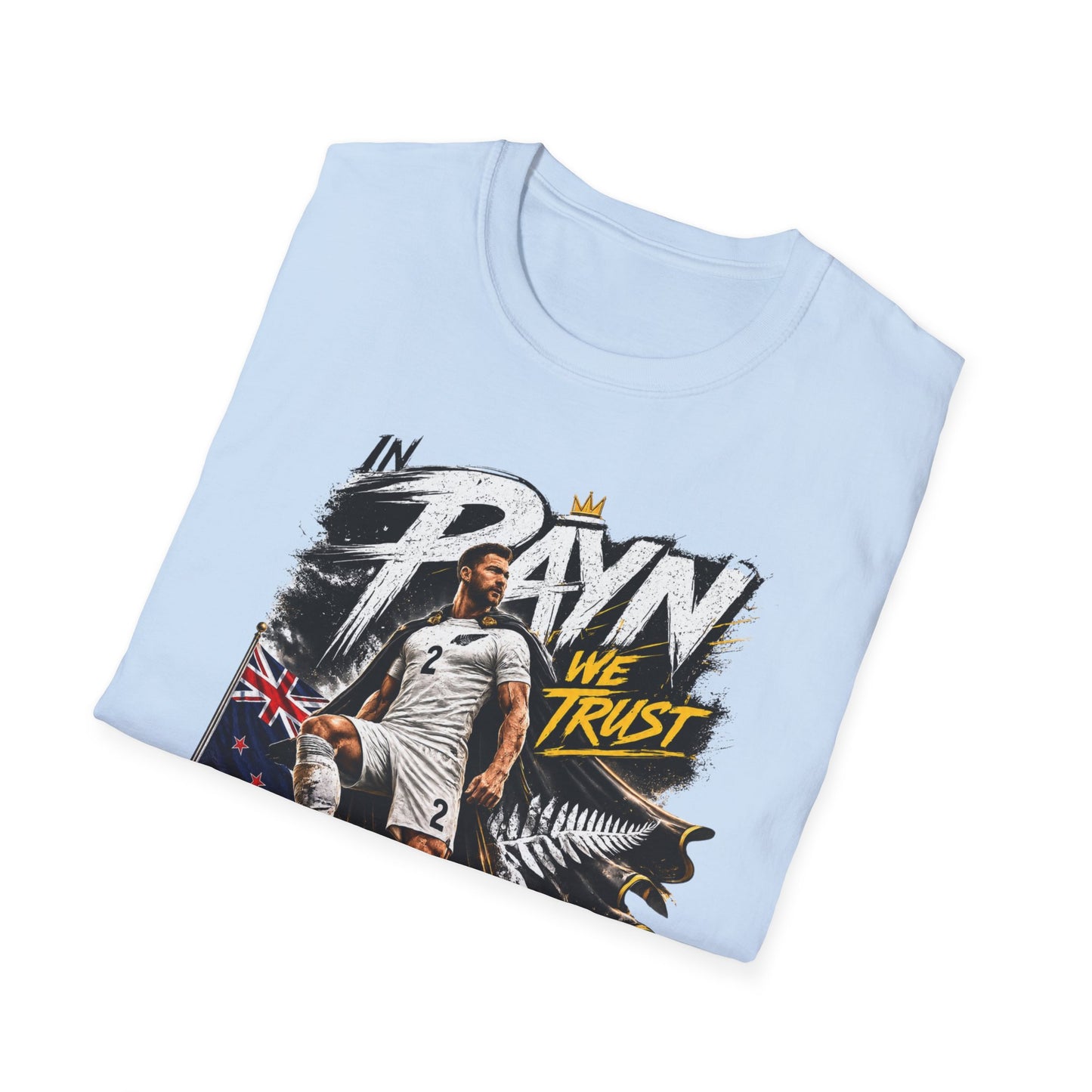 Folded light blue Tim Payne World Cup 2026 supporter tee with exclusive New Zealand football fan design