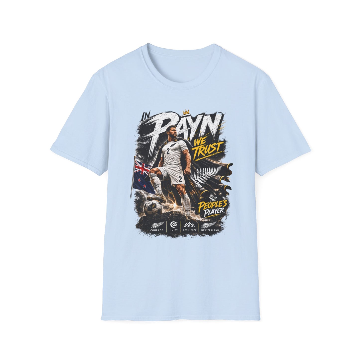 light blue Tim Payne World Cup 2026 supporter tee front view featuring exclusive New Zealand football fan artwork