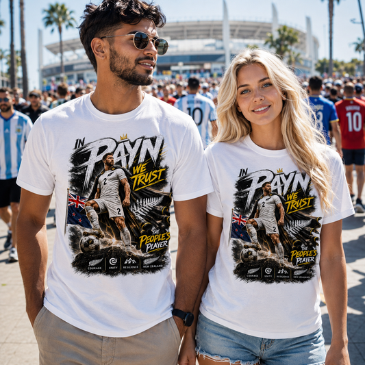 Male and female football fans wearing white Tim Payne World Cup 2026 supporter tees outside a stadium