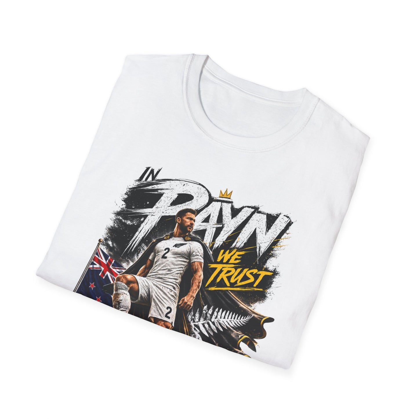 Folded white Tim Payne World Cup 2026 supporter tee with exclusive New Zealand football fan design