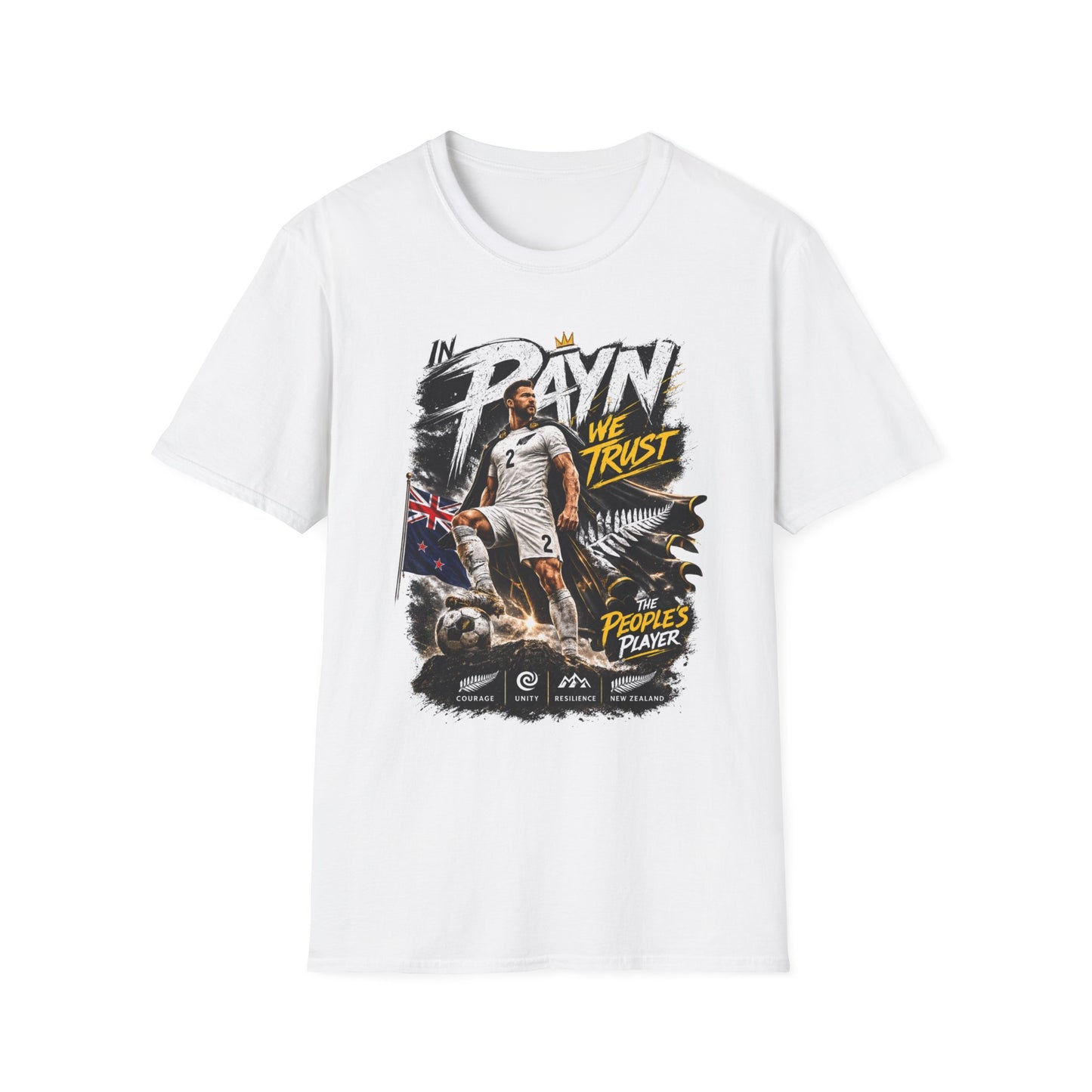 white Tim Payne World Cup 2026 supporter tee front view featuring exclusive New Zealand football fan artwork